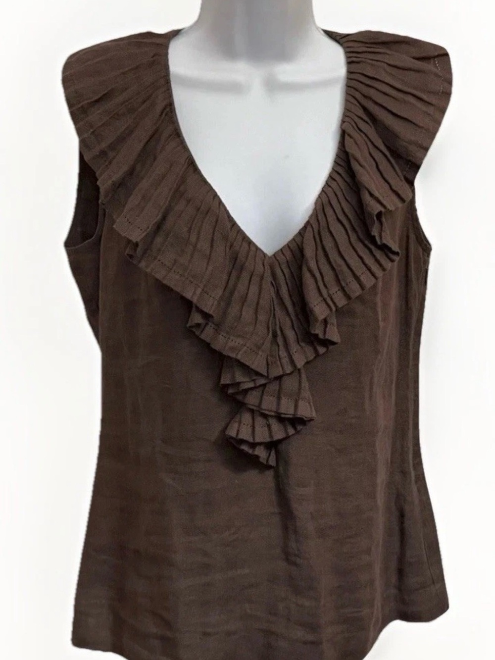 Tory Burch Brown Linen Ruffle V-Neck Sleeveless Tank Size 12 - Picture 4 of 10